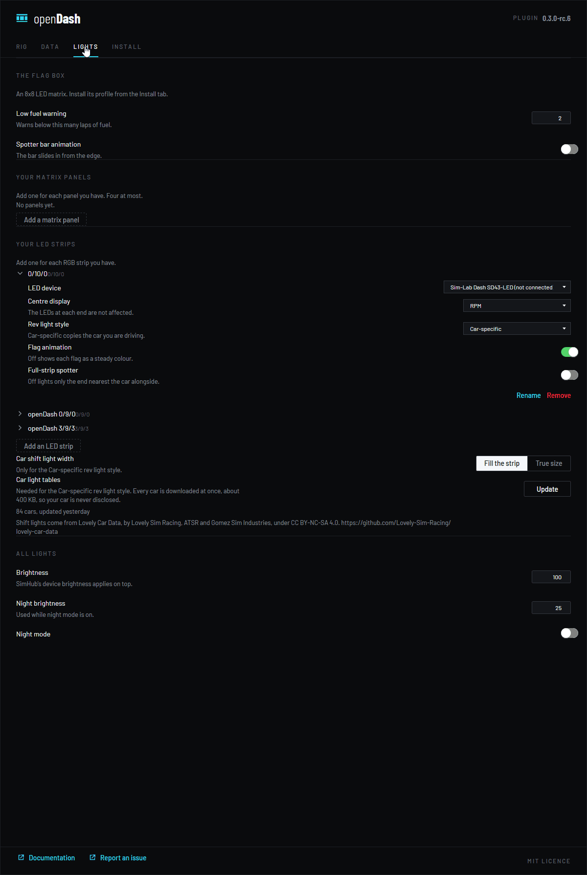 The plugin’s Lights tab in SimHub